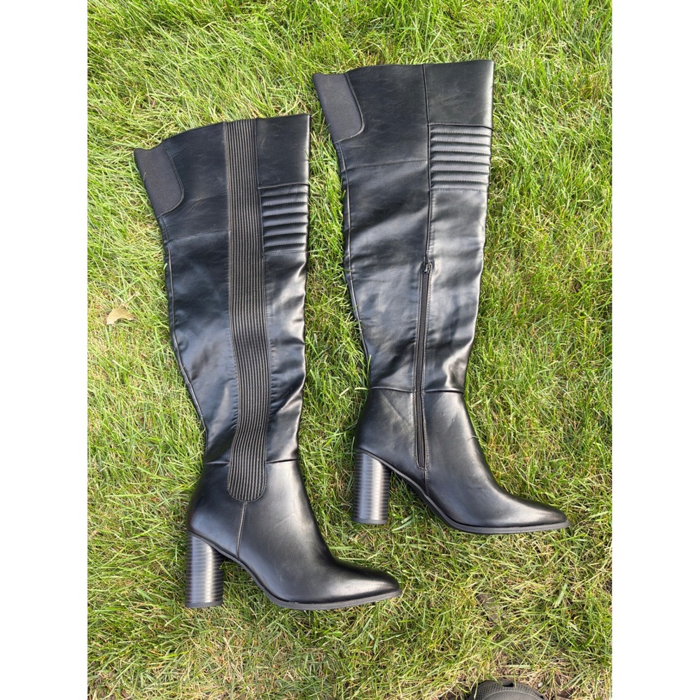 Shoedazzle Jodie Black Faux Leather thigh high Block Heel Moto Boots Womens 9.5